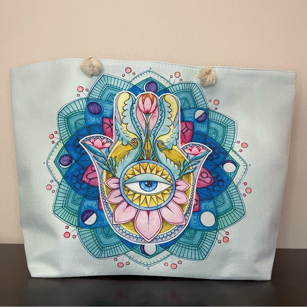 Light blue hamsa hand print summer beach maxi tote bag with rope handles